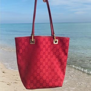 Gucci GG print canvas mini tote in red with leather trim
